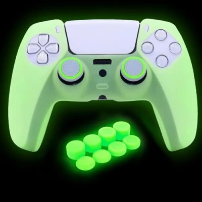 Abbildung von HLRAO Grün Controller Skin Silikon Grip Glow in The Dark Schutzhülle Kompatibel mit PS5/Slim/Pro + 8 FPS PRO Daumengriffe und 2 Stück Kappen.