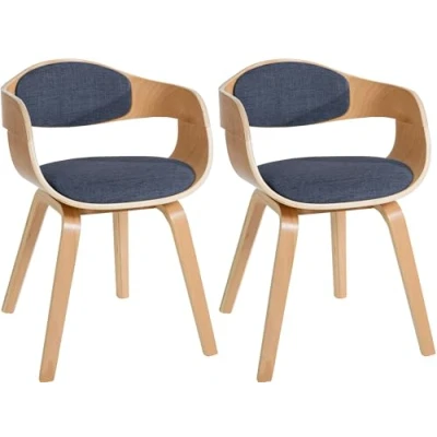 Abbildung von CLP 2er Set Retrostühle Kingston mit Stoffbezug und umlaufender Rückenlehne I Lehnstühle Polsterung Holzgestell, Farbe:Natur/blau, Gestell Farbe:Natur