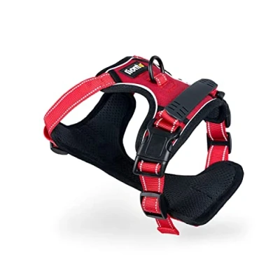 Abbildung von lionto Hundegeschirr gepolstert aus weichem Nylon, Größe XL, reflektierendes Anti Zug Geschirr für Hunde mit 2 Ringen &amp; 4 Einstellgurten, Zwei Klickverschlüsse gummierter Griff am Rücken, rot
