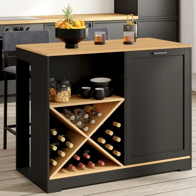 Abbildung von Bartisch Insel aus schwarzem Holz mit Flaschenablage und Tischplatte in Buchenholzoptik 113 cm IDMarket