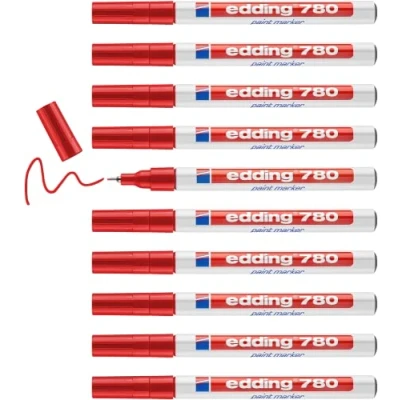 Abbildung von edding 780 Lackmarker rot 10 Stifte Rundspitze 0,8 mm Lackstift zur Markierung und Beschriftung von Metall, Glas, Stein oder Kunststoff hitzebeständig, permanent, wischfest