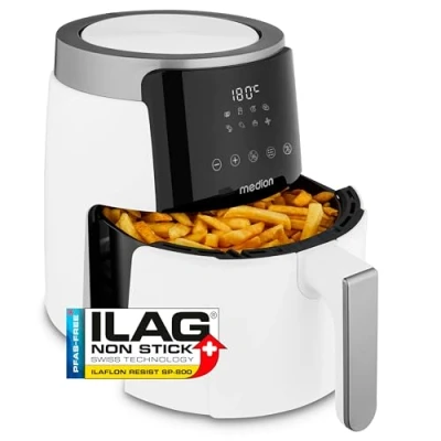 Abbildung von MEDION P40 L Heißluftfritteuse (4,7 Liter, Airfryer, 1500 Watt, einfache Bedienung, ölfreies Frittieren, 60 Min Timer, bis zu 200 C, Antihaft Beschichtung, MD13030) weiß
