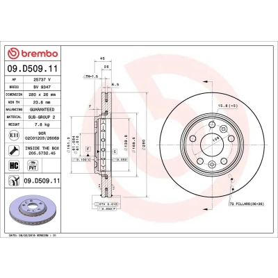 Abbildung von BREMBO 09.D509.11 Bremsscheibe 280 26 5 innenbelüftet beschichtet hochgekohlt mit Schrauben RENAULT: Kangoo II / Grand Kangoo, Express