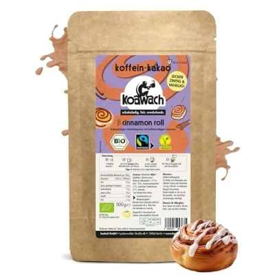 Abbildung von Koawach Cinnamon Roll Kakaopulver Trinkschokolade Koffein Kakao Typ Zimtschnecke mit Guarana Vegan heiße Schokolade Getränk Rohrohrzucker Backkakao Bio Fairtrade 500g
