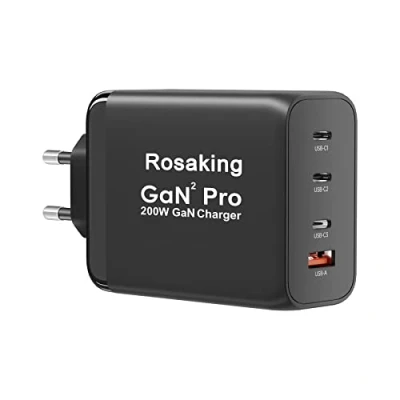 Abbildung von Rosaking USB C Ladegerät 200W, GaN III Tech Schnellladegerät, 4 Häfen Schnellladegerät für MacBook Air, kompatibel mit Samsung Galaxy Book
