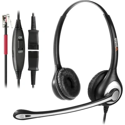 Abbildung von Wantek Telefon Headset RJ11 Binaural mit Noise Cancelling Mikrofon, Quick Disconnect, Festnetztelefone Kopfhörer für Yealink Avaya Cisco Grandstream Snom Panasonic KXT IP Telefone(602QY1)