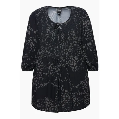 Abbildung von Ulla Popken Smocked Leopard 3/4 Sleeve TEE Bluse, Damen, Größe: 46/48, Black