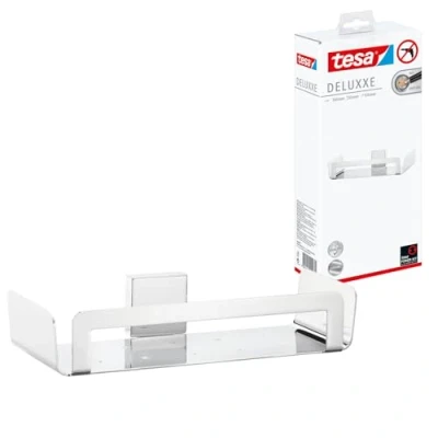 Abbildung von tesa Duschablage DELUXXE Duschkorb ohne Bohren 5,2 cm : 26,75 11,6 cm, Packung 1 tlg., selbstklebendes Hängeregal für die Dusche chrom silber glänzend