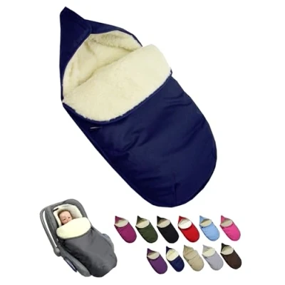 Abbildung von Fußsack für Babyschale [Winterfußsack] Kinderautositz Gruppe 0+ und Kinderwagenschale 3 Punkt 5 Gurtsystem universal Lammwolle Sitzauflage verstellbar (marine)