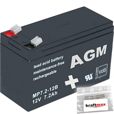 Abbildung von kraftmax 1x AGM 12V / 7,2Ah Blei Akku MP7,2 12B [ Faston 6,3 ] VDs geprüft inkl. 2X Original Anschluß Adapter