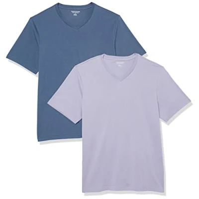 Abbildung von Amazon Essentials Herren Kurzärmelige T Shirts mit V Ausschnitt, 2er Pack, Verwaschenes Blau/Lavendel, L