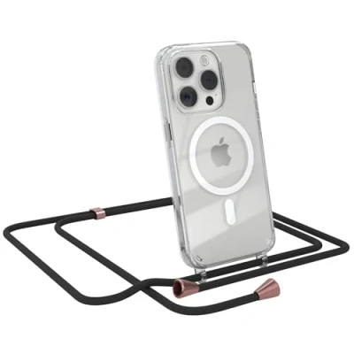 Abbildung von EAZY CASE Handykette kompatibel mit iPhone 15 Pro Kette zum Umhängen Stoßfest Handyhülle für Silikon Hülle Band Handytasche Transparent als Fallschutz in Schwarz Clips Rosé