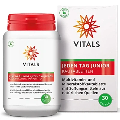 Abbildung von Vitals Jeden Tag Junior 30 Kautabletten. Multivitamin en Mineralstoffkautablette mit Süßungsmitteln aus natürlichen Quellen.