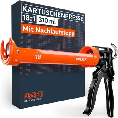 Abbildung von Presch Kartuschenpresse 18:1 Übersetzung &amp; Nachlaufstopp Silikonspritze für Kartuschen bis 310ml (Mittlere Viskosität, Montagekleber) Kartuschenpistole 360 drehbar inkl. Einstechwerkzeug