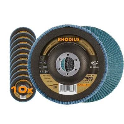 Abbildung von RHODIUS LSZ F3, 10x Ø 125 mm K80 Fächerschleifscheiben, Made in Germany, Metall Schleifscheibe für Winkelschleifer, Lamellenscheibe, Fächerscheibe