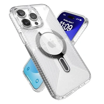 Abbildung von Speck Transparente Schutzhülle für iPhone 15 Pro Max ClickLock Anti Rutsch Interlock, gebaut MagSafe, Fallschutz, Kratzfest, vergilbungsfrei, 17,5 cm (6,7 Zoll), Presidio Grip transparent/Chrom