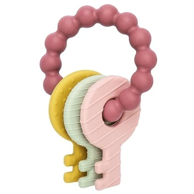 Abbildung von Beißring für Babys,Beißring Schlüssel Babys, BPA Frei Baby Spielzeug Schlüssel, Nom Zahnungshilfe Babys ab 3 Monate Beissring in Red