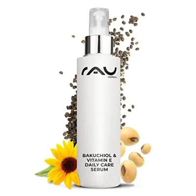Abbildung von RAU Cosmetics Anti Aging Serum Bakuchiol &amp; Vitamin E Daily Care 100ml Tagespflege Konzentrat mit UV Schutz Falten Für Männer Frauen Unreine, Trockene, Reife Haut Mischhaut