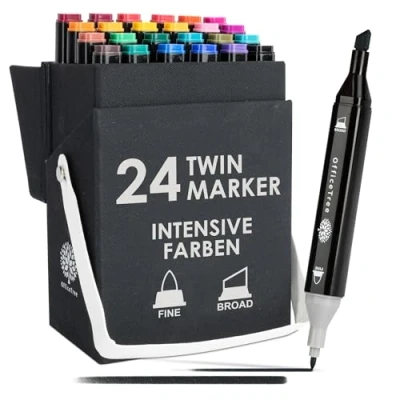 Abbildung von OfficeTree Marker 24er Set Twin Stifte Intensive Farben, (24er Marker), Duo Fasermaler zum Skizzieren Layouten Illustrieren Zeichnen Malen
