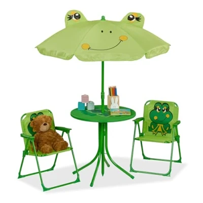 Abbildung von relaxdays Garten Kindersitzgruppe Camping mit Schirm, (4 tlg), Frosch