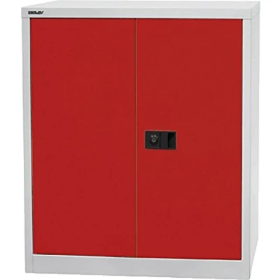 Abbildung von BISLEY Original Flügeltürenschrank Universal,1 Fachboden,2 OH,Metall,Korpus Lichtgrau,Fronten Kardinalrot,40 x 91.4 100 cm,Professionelle,Montiert,Mehrzweckschrank,Garage,Arbeitszimmer,Lagerschrank