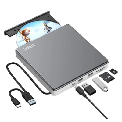 Abbildung von BUNUD Externe CD/DVD Laufwerk, USB 3.0 &amp; Typ C Tragbarer CD DVD Brenner mit SD TF Steckplatz und 2 Anschlüssen, Slim Externes Laufwerk Extern für Laptop, PC, iMac, Apple Windows