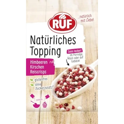 Abbildung von RUF Natürliches Topping mit Himbeeren, Kirschen, Reiscrisps, ohne künstliche Zusatzstoffe, Fruchtmix für Porridge und Gebäck, glutenfrei, vegan, 15g