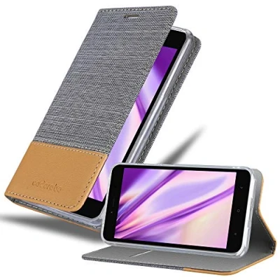 Abbildung von Cadorabo Hülle kompatibel mit Xiaomi RedMi Note 5A aus Jeans und Kunst Leder Flip Klappbare Stoßfeste Magnetische [Standfunktion] [Kartenfächern] Cover für Tasche in Grau