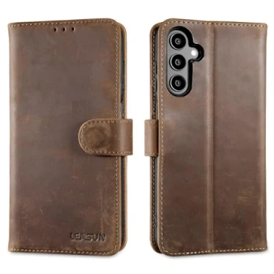 Abbildung von LENSUN Lederhülle für Samsung Galaxy A15, Echtleder Hülle [Kartenfach][RFID Schutz][Echtes Leder] Handyhülle Klapphülle Handytasche A15 4G/5G Vintage Dunkelbraun