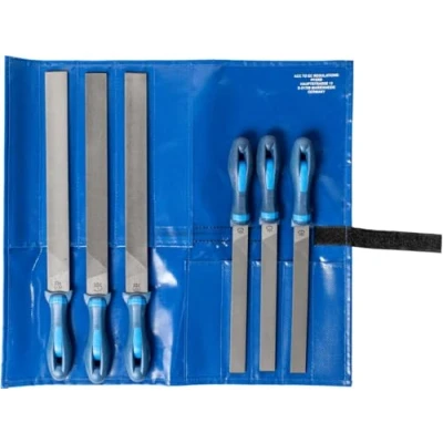 Abbildung von PFERD Werkstattfeilen Set 6 tlg. in Rolltasche 200/300mm universell von Schruppen bis Schlichten, Datensatz, Flache Datei, Aluminium, Messing, Bronze, Eisenguss, Cast steel, Kupfer, Stahl, Holz, Zink, Blau, 300 mm, Deutschland