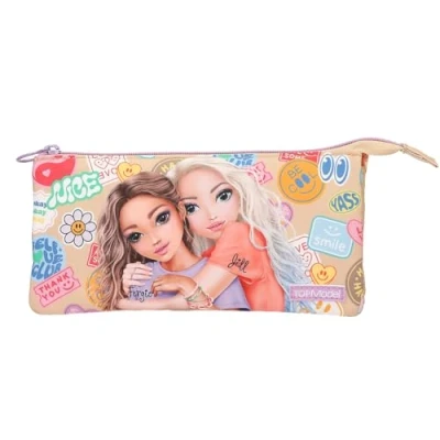 Abbildung von Depesche 13287 TOPModel Girl Power Schlampertasche in Beige, mit Model Motiv und bunten Batches, Federtasche 3 Innenfächern