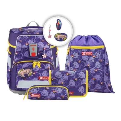 Abbildung von Step by Schulranzen Set Space „Jungle Cat“ 5 teilig, lila gelb, Dschungel Design, ergonomischer Tornister mit Reflektoren, höhenverstellbar Hüftgurt für Mädchen 1. Klasse, 20L