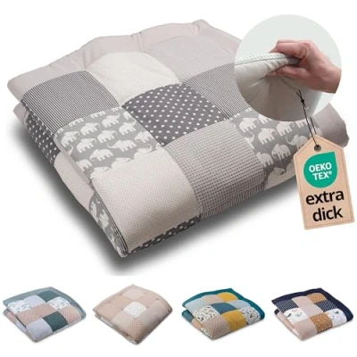 Abbildung von ULLENBOOM Krabbeldecke für Baby 140x140 cm, 100% OEKO TEX Materialien, Made in EU, Dick &amp; weich gepolstert, Graue Elefanten ideal als Babydecke, Krabbelmatte Spieldecke