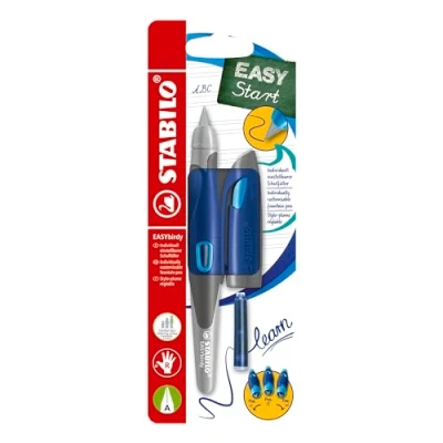 Abbildung von Ergonomischer Schulfüller für Rechtshänder mit Anfänger Feder A STABILO EASYbirdy in mitternachtsblau/azur inkl. Patrone und Einstellwerkzeug blau (löschbar)