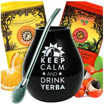 Abbildung von Yerba Mate Tee Green set Keramik Tasse Schwarz becher mit Orange 50g Guarana Frucht Loose leaf 100g Stahl trinkhalm Bombilla Liza