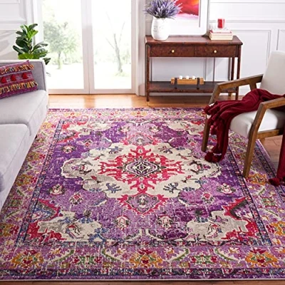 Abbildung von SAFAVIEH Boho Teppich für Wohnzimmer, Esszimmer, Schlafzimmer Monaco Collection, Kurzer Flor, Violett und Fuchsia, 200 x cm