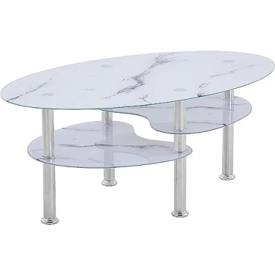 Abbildung von Euro Tische Couchtisch Glas mit 8mm Sicherheitsglas &amp; Facettenschliff Glastisch perfekt geeignet als Beistelltisch/Wohnzimmertisch (98x58x42 cm) (Marmor weiß Ablage)