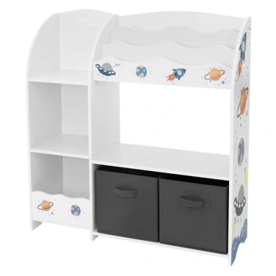 Abbildung von Joyz Kinderregal, Weltraum Motiv, 93x30x98 cm, Weiß, Spielzeugregal mit 8 Ablagefächern und 2 abnehmbaren Stoffboxen, Kinder Bücherregal Holz, Kinderzimmerregal Aufbewahrungsregal Spielzeug Organizer