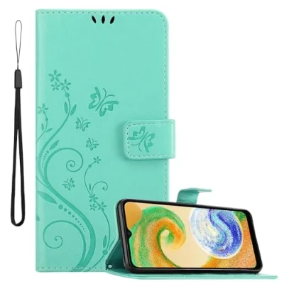 Abbildung von Cadorabo Hülle kompatibel mit Samsung Galaxy A04s / A13 5G M13 in FLORAL TÜRKIS Schutzhülle im Blumen Design Magnetverschluss, Standfunktion und Kartenfächern