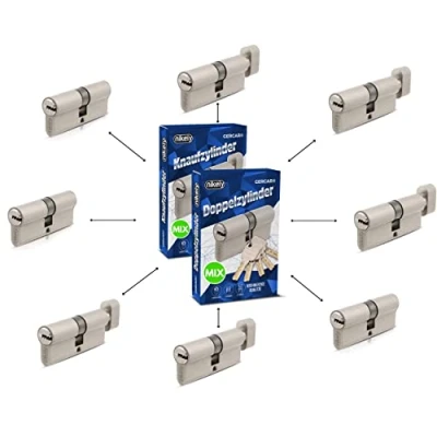 Abbildung von GERCAR Pro Schließzylinder MIX 8er gleichschließend nach Wunsch kombinierbar aus 8 Profilzylinder oder Knaufzylinder 60/70 / 80/90 mm inkl. 40 Schlüssel One Key System frei konfigurieren
