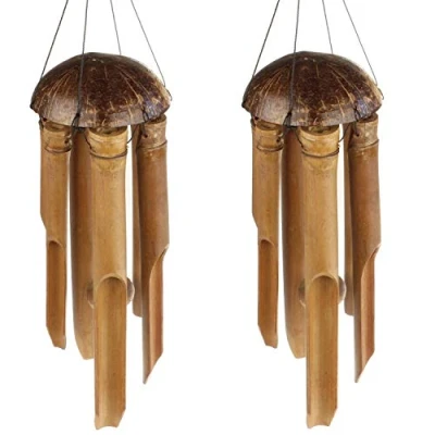 Abbildung von MACOSA HOME 2er Set Windspiel Bambus und Kokos Klangspiel Gartendeko draussen oder drinnen Heimdeko 100 cm
