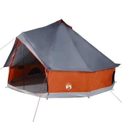 Abbildung von vidaXL Tipi Familienzelt 12 Personen, Campingzelt mit Netzwände, Wasserdicht Tipizelt E Anschluss, Gartenzelt, Grau Orange 185T Polyester