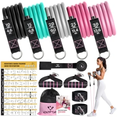 Abbildung von Resistance Bands Widerstandsbänder Set, 5 Fitnessbänder Expander Tube Bands, Fitnessband mit Großem Griff Knöchelriemen Türankerbefestigung Tragtasche, Ideal für Pilates Krafttraining Physiotherapie