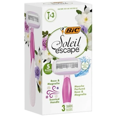 Abbildung von BIC Soleil Escape 5 Klingen Einweg Rasierer für Damen mit Rose &amp; Magnolie, Feuchtigkeitsstreifen Mandelöl 3er Box 3 St