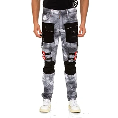 Abbildung von Cipo &amp; Baxx Herren Jeans Hose Rockig Nieten Straight Fit Denim Pants CD805 Grau W33 L34