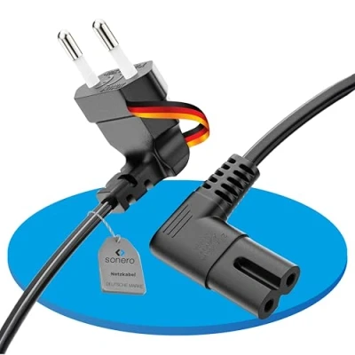 Abbildung von sonero Stromkabel Netzkabel 2 Polig, 5,0m, Eurostecker Typ C Netzstecker auf IEC Buchse C7 Euro 8 Stecker, 90 Winkel Netzteil Strom Kabel für TV, PS5, PS4, PS3, Haushaltsgeräte, Schwarz