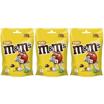 Abbildung von M&amp;M&#039;S Peanut 3x 150g Schokolinsen mit Erdnusskern Schokolade Geschenk Snack Naschen Süßigkeiten Süßes Drei Packungen (3 x = 450g)