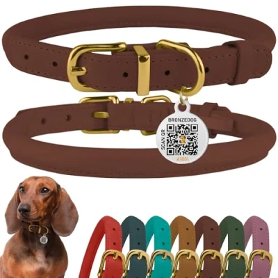 Abbildung von BRONZEDOG Hundehalsband aus gerolltem Leder mit QR ID Tag, verstellbar, weiche runde Halsbänder für kleine, mittelgroße und große Hunde, Welpen, Katzen (Cognacbraun, 35 41 cm)