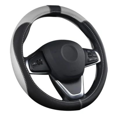 Abbildung von OFZVEO Auto Lenkrad Abdeckung Lenkradschutz Lenkradhülle PU Leder Universal 37 38cm / 15&quot; rutschfest Atmungsaktiv Langlebig (Grau)
