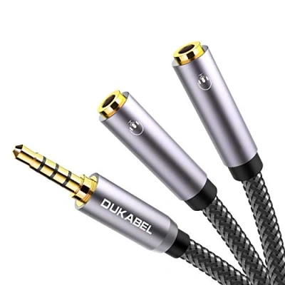 Abbildung von DuKabel Headset Splitter 30cm Nylon 3,5mm 4 polig TRRS Klinke Stecker auf zwei Buchsen (Audio+Mic) Stereo Audio Y Kabel Aux Verlängerung Adapter Top Series